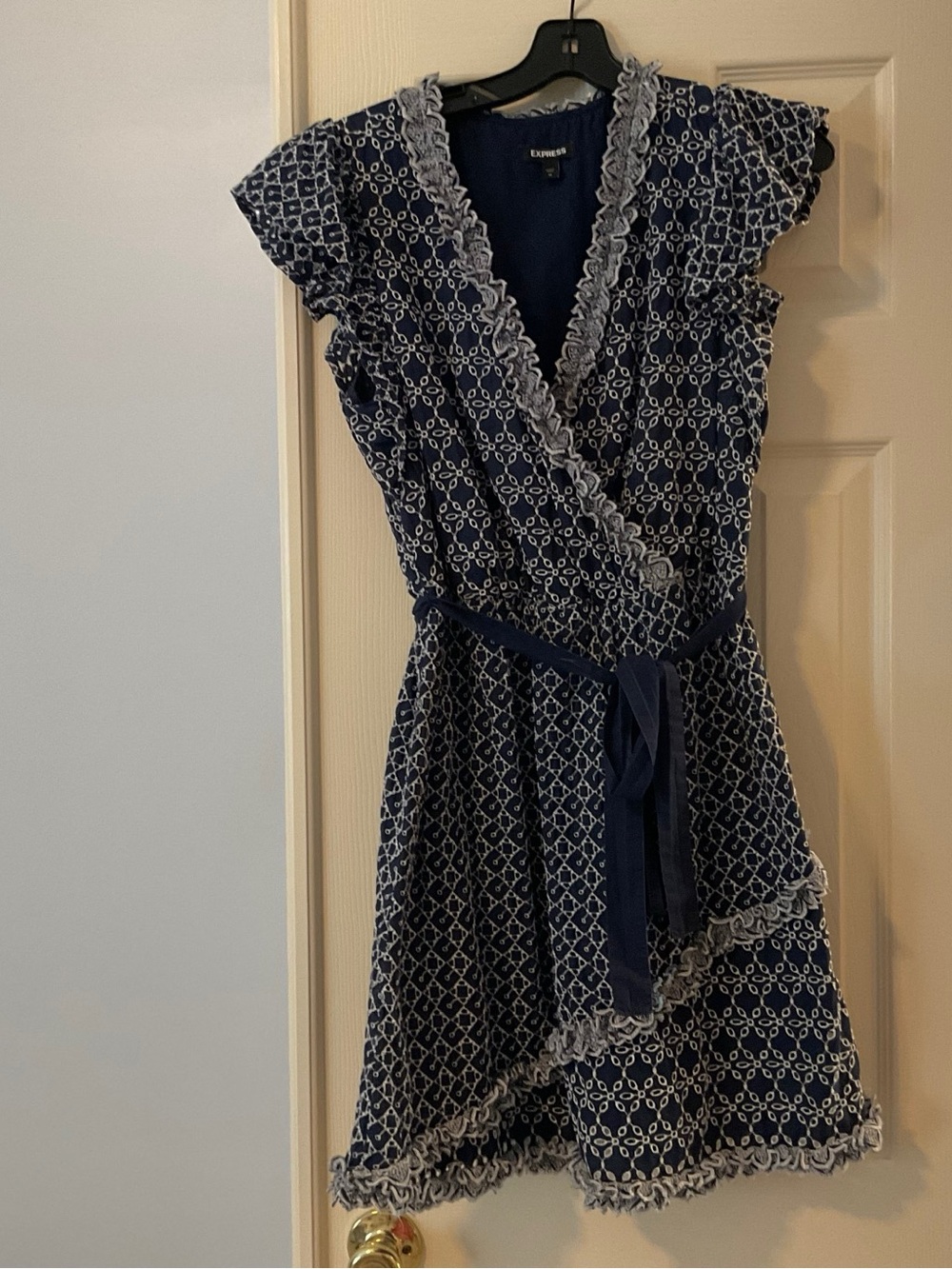EXPRESS  Navy and White Dress with Ruffle Trim.  Excellent Condition
